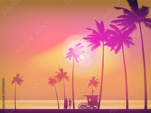 Sunset Beach view tropical landscape banner illustration