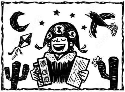 Northeast accordionist. Traditional musician of June festivities. Cordel literature woodcut style.