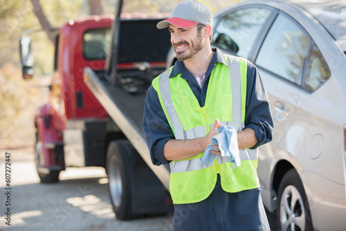 Roadside mechanic wiping hands with cloth next to tow truck