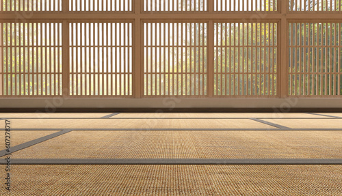 Close up of Japanese tatami mat floor, wooden frame shoji window in sunlight with green tree view for East Asian interior design decoration, architecture, product display background 3D