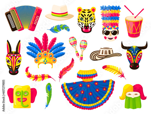 Barranquilla carnival holiday, isolated vector set of items for celebration. Animal masks, dress, costume, feather, crown, maracas, accordion, drum and hat. Traditional folk festivities cartoon icons