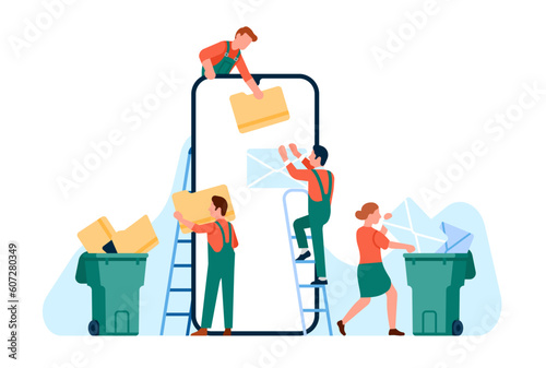 Cleaning up digital memory, email and messages delete, people move unwanted files and information to trash. Huge smartphone and tiny men and women, cartoon flat isolated vector concept
