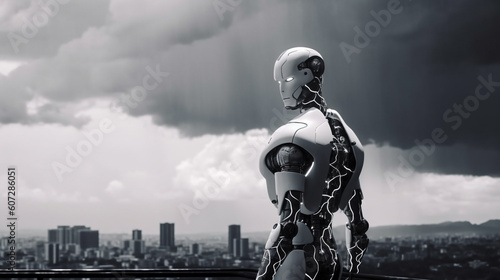 The robot stands with its back looking at the city. with a sky with colorful thunderstorms and lightnings.Generative AI.