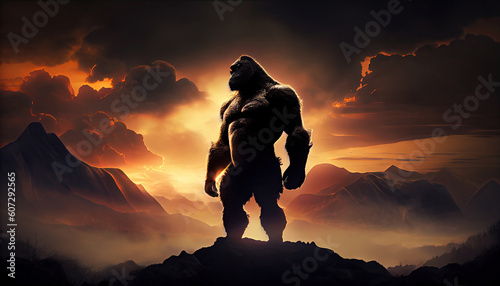 Ferocious King Kong on top of a mountain at sunset. Generate Ai.