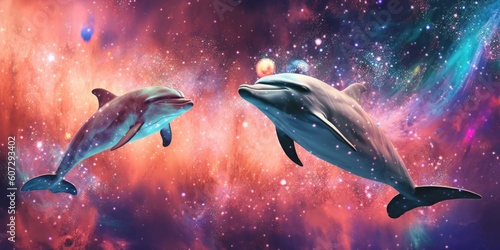 An airbrush painting of 1980s dolphins floating in minimal space style. Generative AI AIG27.