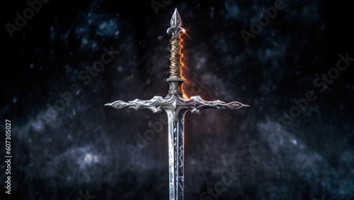 Medieval sword with burning flame on dark background. 3d rendering generative ai