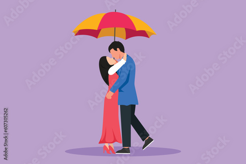 Cartoon flat style drawing man and woman under umbrella stand in rain and kiss each other. Romantic Arabian couple lovers kissing. Boy and girl dating in rainy day. Graphic design vector illustration