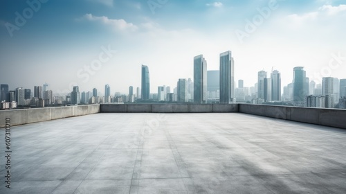 Empty concrete floor on rooftop with city background. Generative AI AIG21.