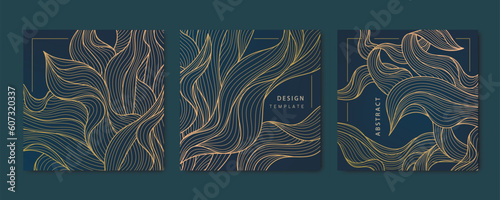 Vector set of abstract luxury golden square cards, templates for social net, leaves, seaweed, alga botanical, art deco wallpaper background. Pattern, texture for print, fabric, packaging design