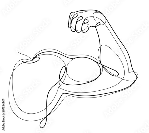 Muscular hand of bodybuilder showing strong biceps vector linear illustration isolated, fitness and gym sport theme drawing.