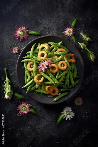 Fried green beans meal on black stone surface background. Generative AI