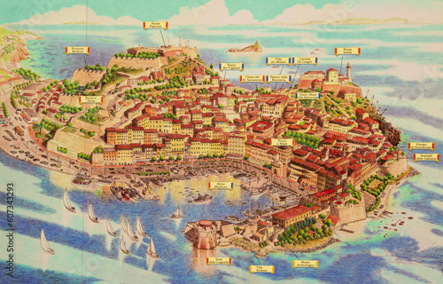 Drawn map of historic city center of Portoferraio Elba, Tuscany, Italy