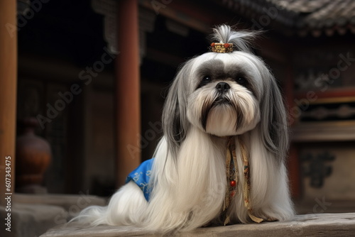 Shih tzu dog portrait with ancient chinese haircut in traditional oriental architecture, generative ai