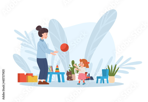 Happy nanny playing ball with little girl, flat vector illustration isolated on white background.
