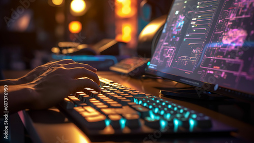 Close-up of a programmer's hands typing code on a backlit keyboard, multiple monitors with complex algorithms in the background