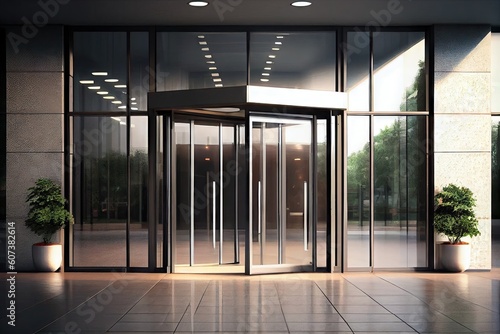 office or hotel entrance with modern automatic sliding doors for quick and easy access, created with generative ai