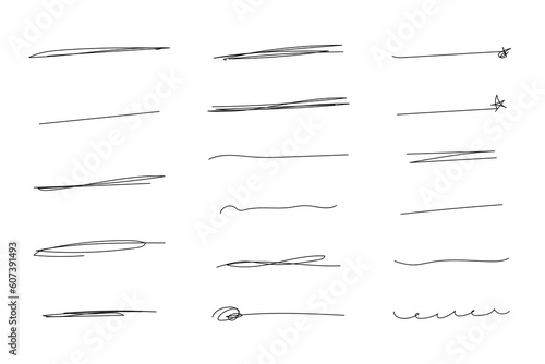 A set of hand drawn underline and border, squiggle and scribble lines, png transparent background