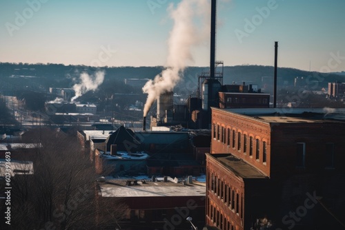 black smoke rising from factory chimney, with view of city skyline in the background, created with generative ai