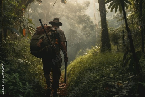 adventure traveler making their way through dense jungle, with backpack on their back and machete in hand, created with generative ai