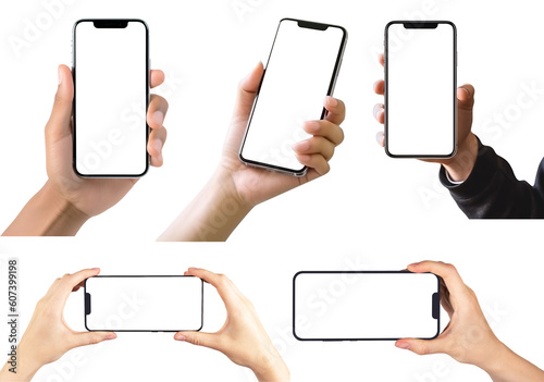 Hand holding handphone smartphone on transparent background cutout, PNG file. Mockup template for artwork design. perspective positions many different angle, upright horizontal