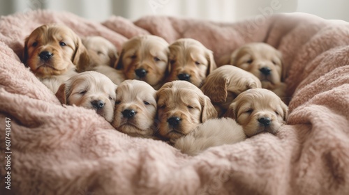litter of puppies in bed