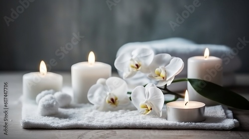 White towels, orchids in the spa room. Generative AI