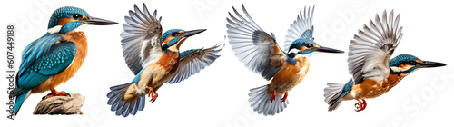 Set of flying ald sitting kingfisher bird on the transparent background PNG. AI generative