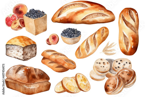 Watercolor bakery breads products isolated on white background, various breads in cafe shop, Delicious buns, pancake, and others baked, with Generative Ai.