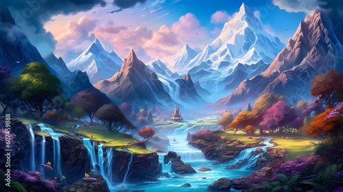 The fantasy valley is surrounded by mountains and a river in the digital art style. Playful cartoon illustrations. Richly detailed backgrounds. Vibrant cartography. Drawing Painting. Generative AI. 