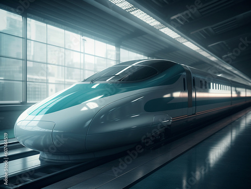 A silver futuristic bullet train is stopping at a train station. Has an aerodynamic design to minimize friction with the air.