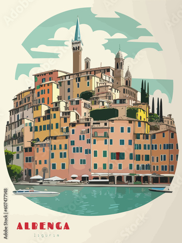 Albenga: Beautiful vintage-styled poster of with a city and the name Albenga in Liguria