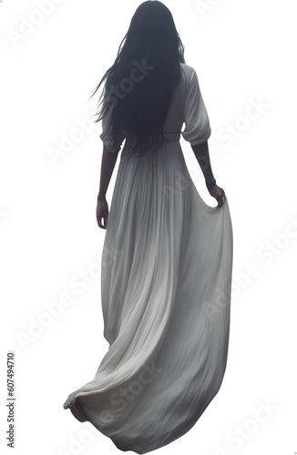 woman wearing a white dress. Isolated transparent PNG. rear view from the back.
