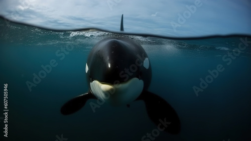 Orca killer whale underwater in ocean natural environment, swimming under the sea. Underwater animals, generative ai