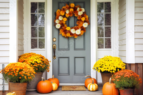 Cute and cozy cottage with fall decorations, pumpkins on the front porch and a wreath, generative AI