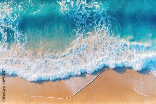 Aerial zenith photograph of a beautiful beach with turquoise or sky-blue water, with frothy waves and beautiful sandy shores on a sunny day