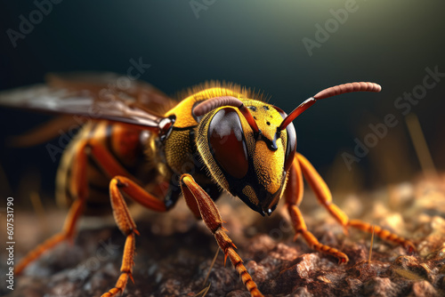 Zooming in on nature's fierce defenders, a close-up captures the intricate details of hornets in all their formidable glory. With their distinct yellow and black markings. Generative Ai, Ai.