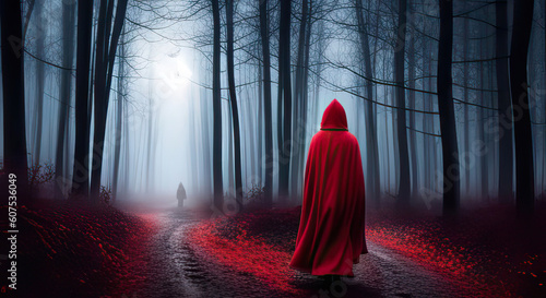 Red cloaked figure encountering a stranger in the scary winter forest generative ai illustration