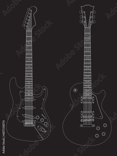 Vector isolated image of electric guitars on black background.