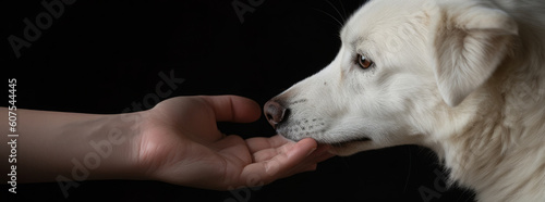 Hand hält Hundeschnauze isoliert auf schwarzen Hintergrund