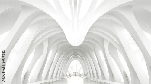 A low angle view captures a modern, organic architecture concept. Its symmetrical grandeur, all in white, dominates the frame. Abstract and architectural fusion: a sight to behold. Generative AI 