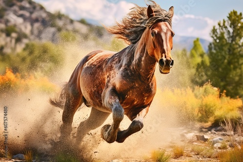 A powerful brown horse is running.