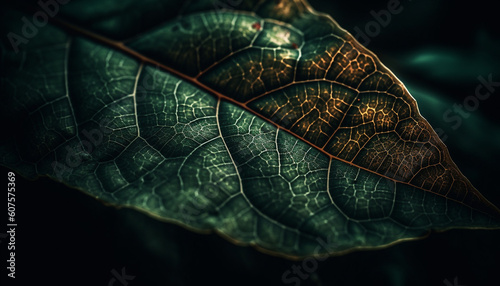 Vibrant leaf vein glows in natural sunlight generated by AI