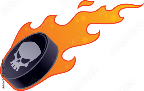 Vector drawing of a flaming hockey puck with skull design.