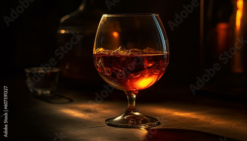 Luxury whiskey and brandy on wooden table generated by AI