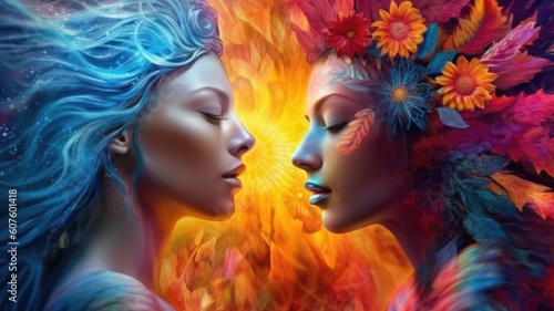 Creative fantasy portrait of masculine and feminine energy in cosmic with vibrant colors. Generative AI AIG27.