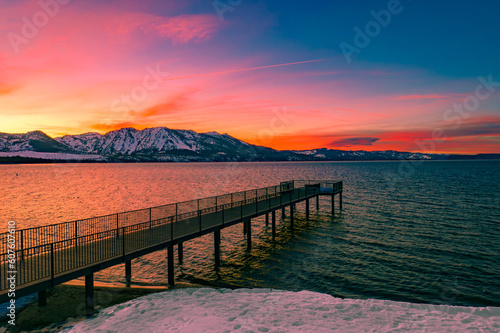Twilight's Embrace: Pier Silhouette on Tahoe's Serene Horizon