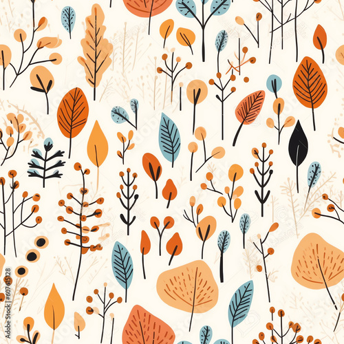 Generative AI Autumn hand drawn seamless pattern with seasonal elements on white background. Cute vector illustration in flat style