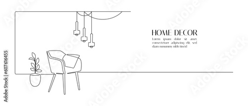 One continuous Line drawing of armchair and chandelier lamp and potted plant. Stylish furniture for living and office room interior in simple linear style. Editable stroke. Doodle vector illustration