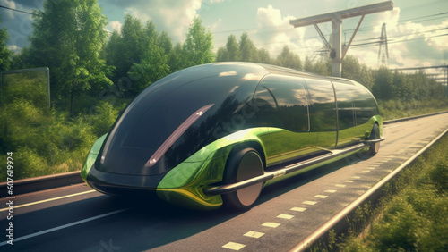 Modern futuristic bus, clear ecology. Generative AI