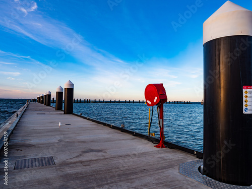 Wave attenuators to reduce or eliminate powerful, natural and incidental waves at Geelong waterfront harbour precinct in Corio Bay in Australia.